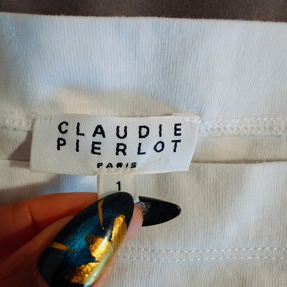 Claudie Pierlot White Boatneck Top Navy Heart Print Ruffle Cap Sleeve Size 1 - Picture 3 of 11